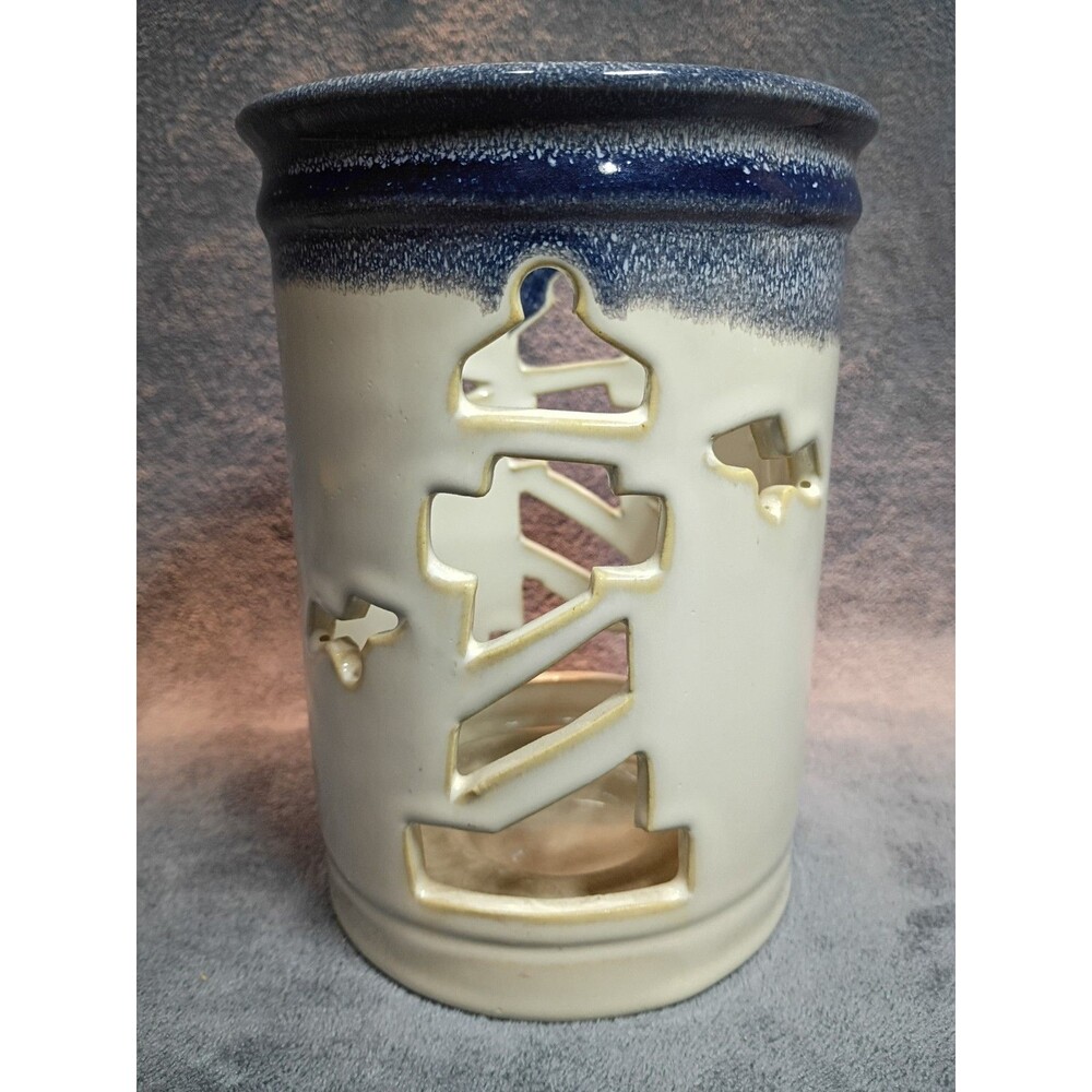 Retired Yankee Candle Lighthouse Ceramic Candle Holder Set Coastal Nautical Blue - Picture 6 of 16